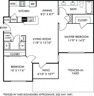 Heritage with Fenced-in Yard Heritage with Fenced-in Yard 2 bedroom apartment. Kitchen with bartop open to living & dining rooms. 1 full bathroom, double vanity. Walk-in closet. Patio/balcony with storage & yard.