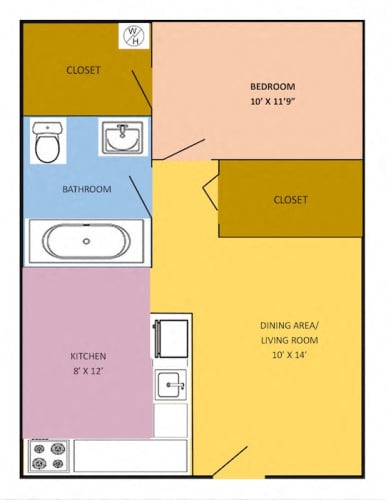 Floor Plan  1 Bedroom floor plan with kitchen, living room, bedroom, bathroom, 2 closets