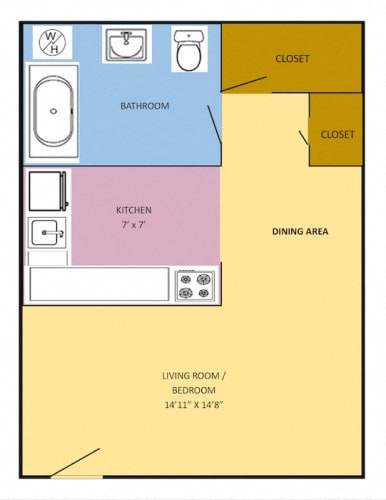 Floor Plan  Studio apartment floor plan with kitchen, bathroom, and two closets