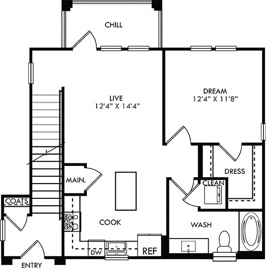 The Nelson. 1 bedroom apartment, 1st floor entry. Kitchen with island open to living room. 1 full bathroom. Walk-in closet. Patio/balcony.