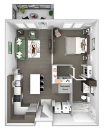 Nona Park Village - A1 - Foxtail - 1 bedroom - 1 bath - 3D Floor Plan