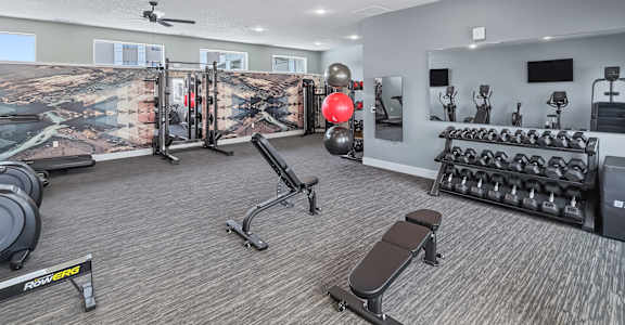 A well-equipped gym with a variety of exercise equipment.