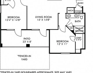 Barcelona with Fenced-in Yard. 2 bedroom apartment. Kitchen with bartop open to living room. 2 full bathrooms, double vanities. Walk-in closets. Patio/balcony open to yard. External storage.