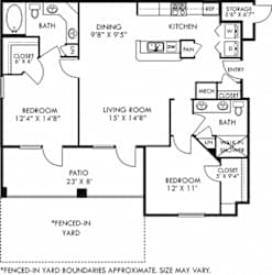 Barcelona with Fenced-in Yard. 2 bedroom apartment. Kitchen with bartop open to living room. 2 full bathrooms, double vanities. Walk-in closets. Patio/balcony open to yard. External storage.