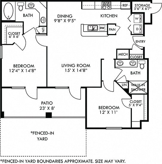 Barcelona with Fenced-in Yard. 2 bedroom apartment. Kitchen with bartop open to living room. 2 full bathrooms, double vanities. Walk-in closets. Patio/balcony open to yard. External storage.