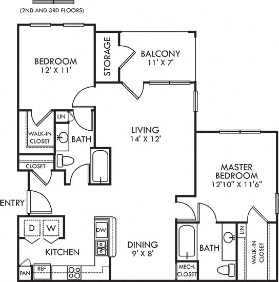 Beechwood. 2 bedroom apartment. Kitchen with bartop open to living/dinning rooms. 2 full bathrooms. Walk-in closets. Patio/balcony with storage.