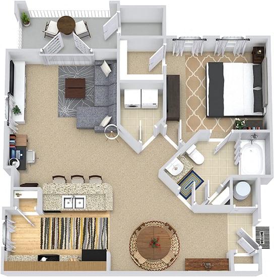 Creekside 3D. 1 bedroom apartment. Kitchen with bartop open to living/dinning rooms. 1 full bathroom. Walk-in closet. Patio/balcony.