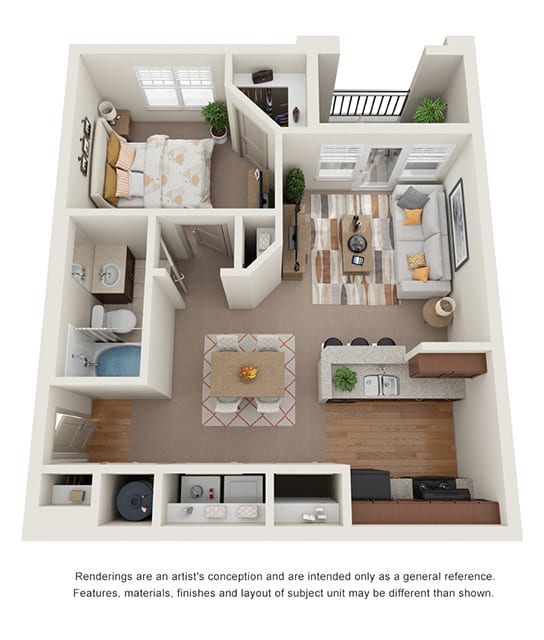 3D one bedroom open floor concept at Ashley Auburn Pointe in Atlanta, GA