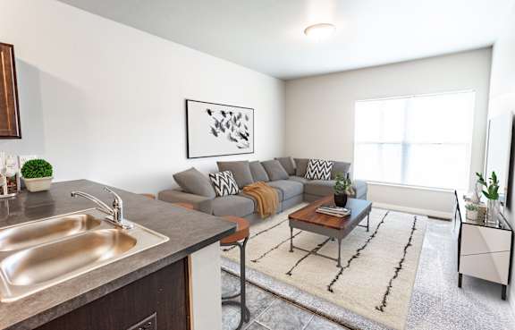 A modern kitchen with a sink, a couch, and a rug.