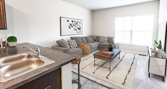 A modern kitchen with a sink, a couch, and a rug.