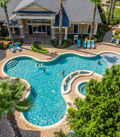 A large swimming pool surrounded by palm trees and a house.