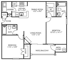Bentley. 2 bedroom apartment. Kitchen with bartop open to living/dinning rooms. fireplace. 2 full bathrooms. Walk-in closets. Patio/balcony.