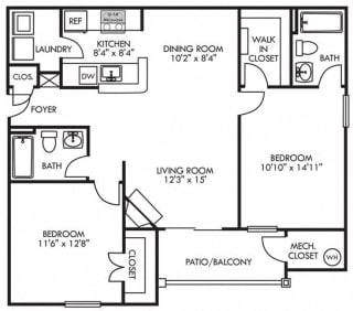 Bentley. 2 bedroom apartment. Kitchen with bartop open to living/dinning rooms. fireplace. 2 full bathrooms. Walk-in closets. Patio/balcony.