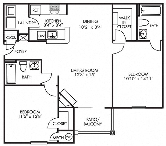 Berkshire. 2 bedroom apartment. Kitchen with bartop open to living/dinning rooms. fireplace. 2 full bathrooms. Walk-in closets. Patio/balcony.
