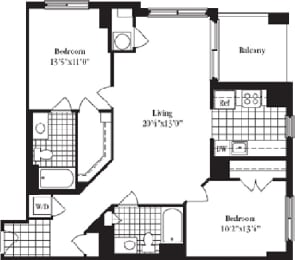 2 bed 2 bath floorplan for The Deerfield, at Wentworth House,North Bethesda, MD