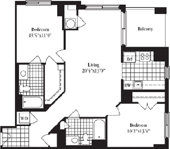 2 bed 2 bath floorplan for The Deerfield, at Wentworth House,North Bethesda, MD