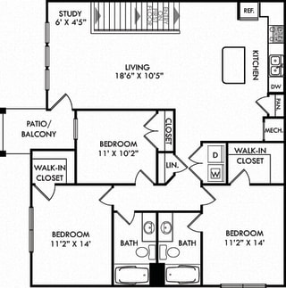 The McClinton. 3 bedroom apartment. 1st floor entry. Kitchen with island open to living/dinning rooms. 2 full bathrooms. Walk-in closets. Patio/balcony.
