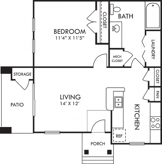 Linley. 1 bedroom apartment. Kitchen with bartop open to living room. 1 full bathroom. Patio/balcony.