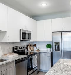 a modern kitchen with granite counter tops and stainless steel appliances at The Louis Apartment Flats, Louisville, KY