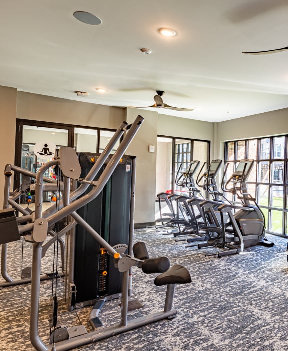 a gym with cardio machines and weights in a room with windows at The Louis Apartment Flats, Louisville, KY
