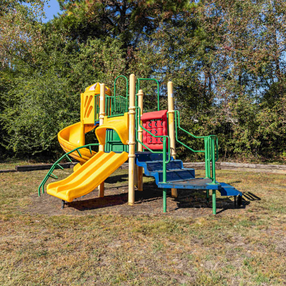 a playground with a yellow and green slide and a blue and red slide
