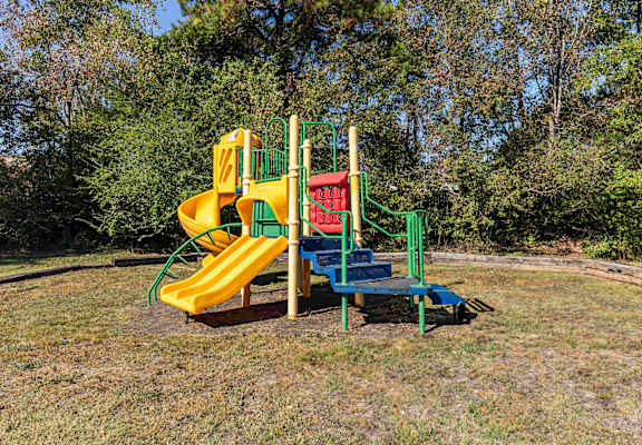 a playground with a yellow and green slide and a blue and red slide