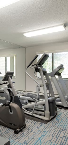 A gym with a treadmill and elliptical machines. at Oakwood, Plymouth, 55447