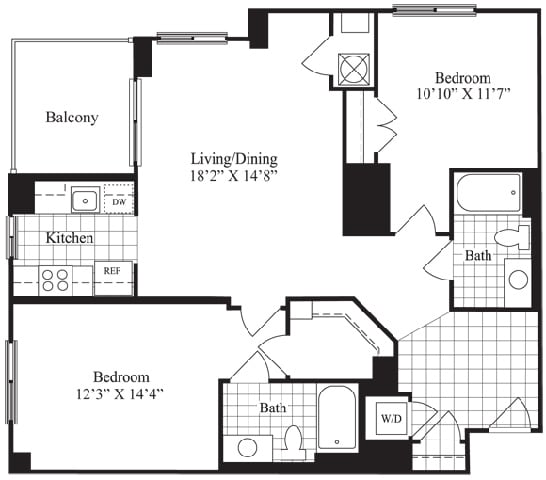 Floor Plan  2 bed 2 bath floorplan for The Douglas, at Wentworth House,North Bethesda, 20852