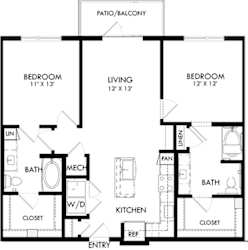 Canal 2 bedroom, 2 bath. L-shaped kitchen with pantry and coat closet at entry. Washer/dryer. standard tub in 2nd bedroom. garden tub in master. Linen closets. Built-in shelving in living area. patio.