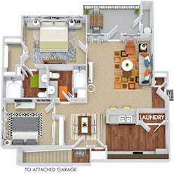 Congress with Attached Garage 3D 2 bedroom apartment. Kitchen with bartop open to living/dining rooms. 2 full bathrooms. Walk-in closet in master. Closet in 2nd bedroom. Patio area. Stairs to garage.