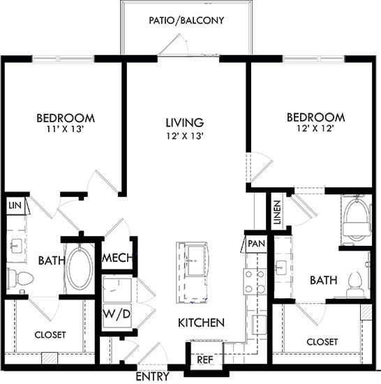 Canal 2 bedroom, 2 bath. L-shaped kitchen with pantry and coat closet at entry. Washer/dryer. standard tub in 2nd bedroom. garden tub in master. Linen closets. Built-in shelving in living area. patio.