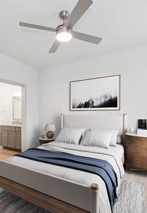 Model Bedroom with Carpet and attached Bathroom at Alta 3Eighty Apartments located in Aubrey, TX-SMLAM.