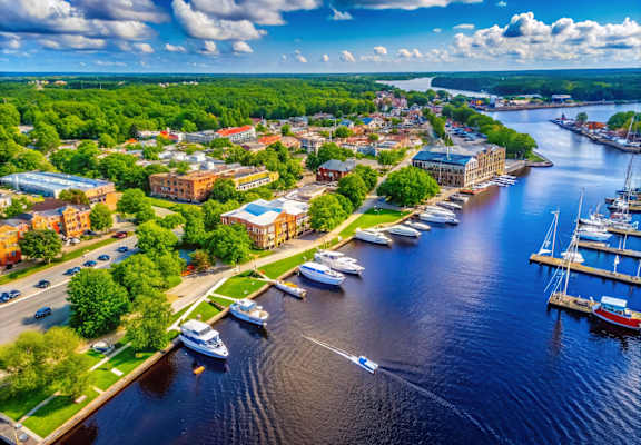 A boat is sailing on a river with a town in the background.