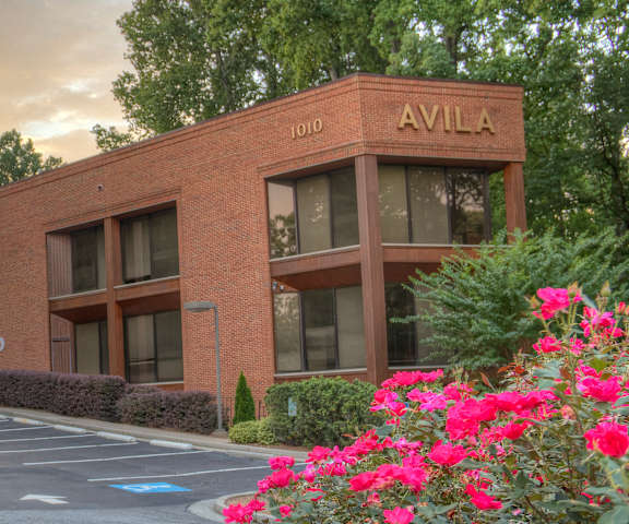 A building with the name AVILA on it is surrounded by flowers.