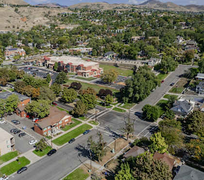 A small town with a large building in the center.