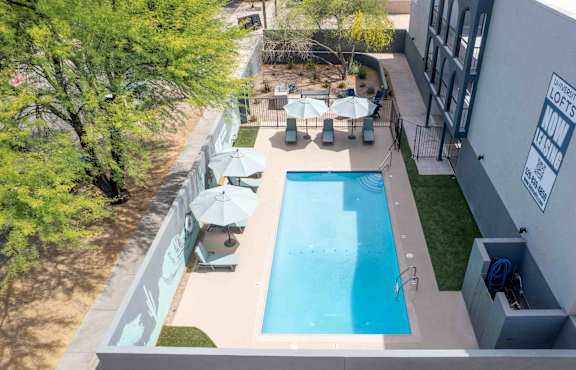 A pool with a blue water and sun loungers and a mural