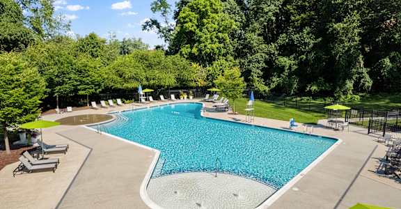 a swimming pool with chairs and umbrellas in a park with trees at Courthouse Square Apartments, Towson, 21286