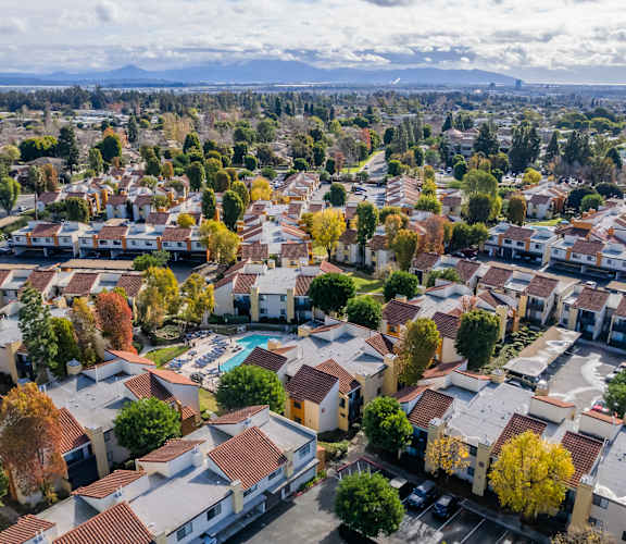 an aerial view of a city with houses and trees