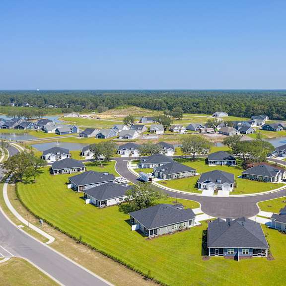 A bird's eye view of a residential area with houses and a road at Stepping Stone at Bridgewater Apartments, South Carolina