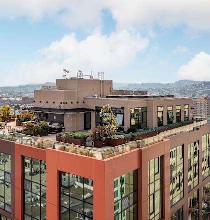A modern building with a lot of windows and plants on the roof.