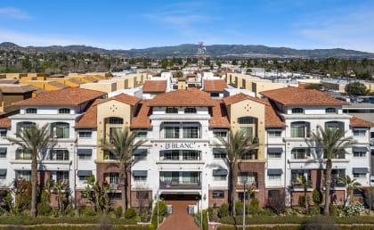 an aerial view of an apartment complex with palm trees and mountains in the background at Le Blanc Apartments, Canoga Park, CA