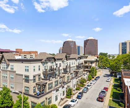 Aerial view of the exterior of the apartments at The Mirabelle Luxury Apartments in Kansas City, Missouri