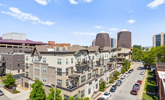 Aerial view of the exterior of the apartments at The Mirabelle Luxury Apartments in Kansas City, Missouri