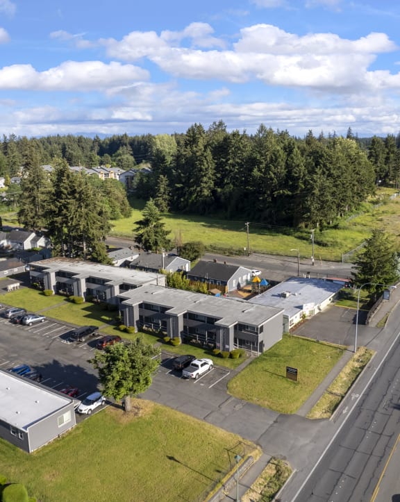 an aerial view of a city with a highway and trees