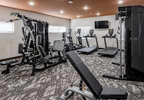 a gym with cardio equipment and a tv in the ceiling