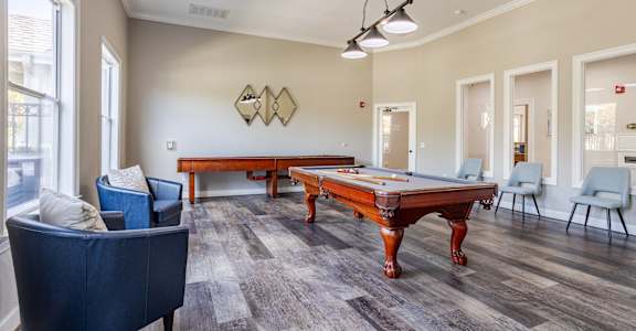 a game room with a pool table and a billiard table