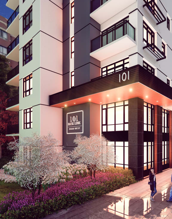 a rendering of an apartment building with people walking in front of it