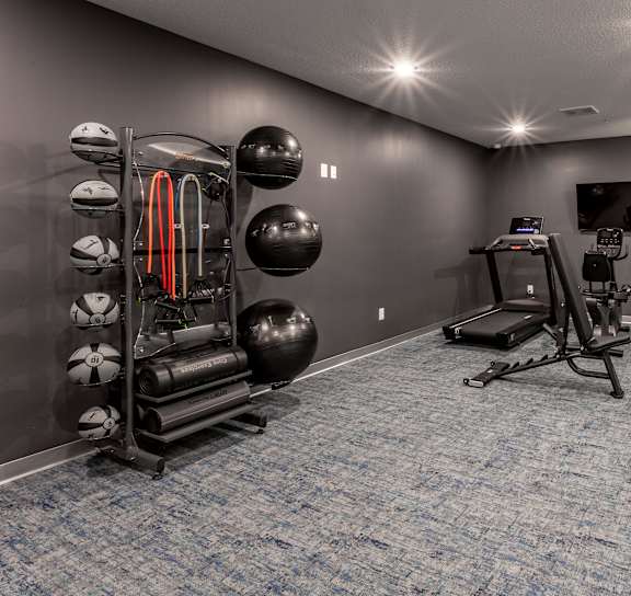 A room with a blue carpet and exercise equipment.
