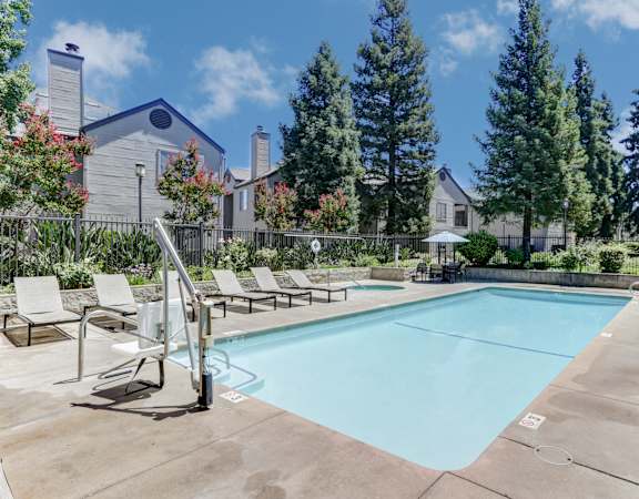 A swimming pool surrounded by lounge chairs and trees.