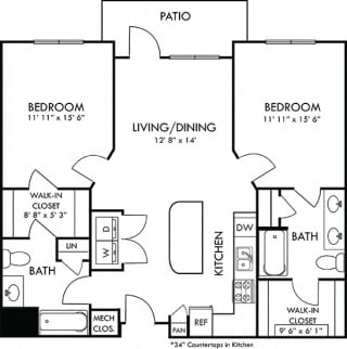 Weston. 2 bedroom apartment. Kitchen with island open to living/dinning room. 2 full bathrooms, double vanity in master. Walk-in closets. Patio/balcony.